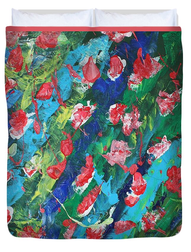 Flowers In The Sea   Bliss Contentment Delight Elation Enjoyment Euphoria Exhilaration Jubilation Laughter Optimism  Peace Of Mind Pleasure Prosperity Well-being Beatitude Blessedness Cheer Cheerfulness Content Duvet Cover featuring the painting Poppies by Sarahleah Hankes