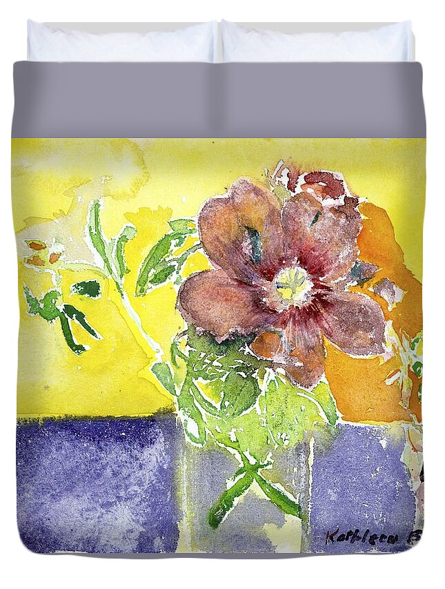  Duvet Cover featuring the painting Flowers on a Blue Table by Kathleen Barnes