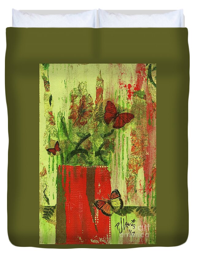 Butterflies Duvet Cover featuring the mixed media Flowers,Butteriflies, and Vase by PJ Lewis