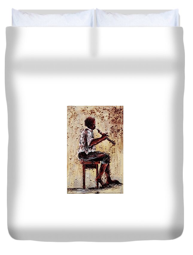 African Artists Duvet Cover featuring the painting Flute Master by Daniel Akortia