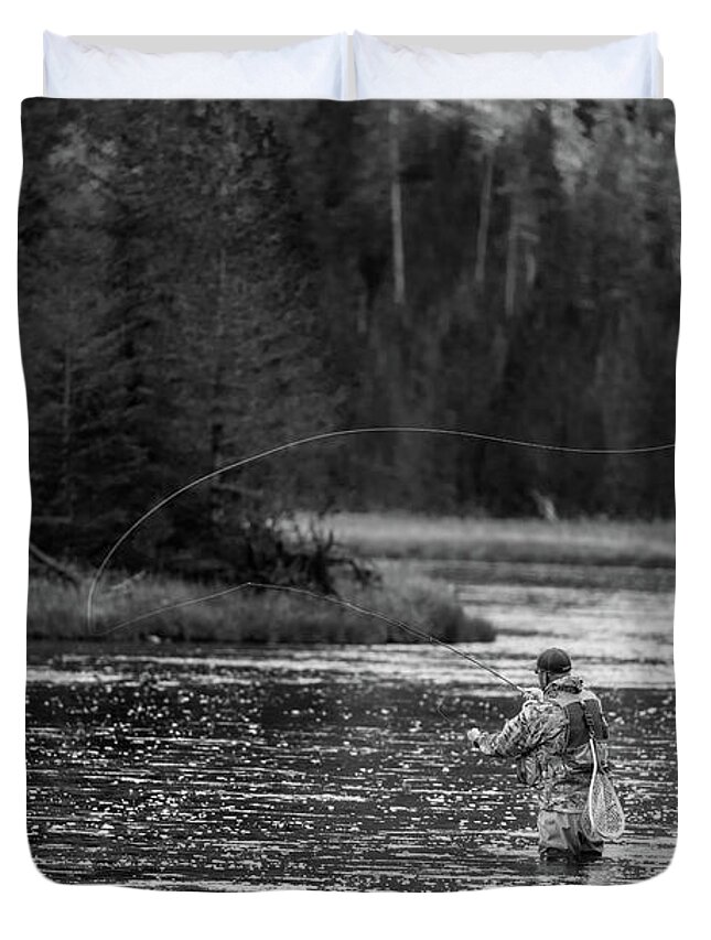 Fly Duvet Cover featuring the photograph Fly Fishing Yellowstone WY B W by Steve Gadomski