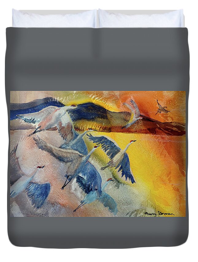 Cranes Duvet Cover featuring the painting Fly Out by Mary Gorman