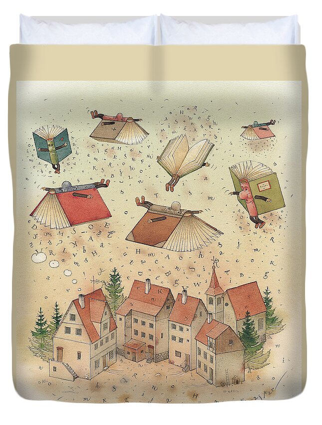 Books Town Flying Alphabet Duvet Cover featuring the painting Flying Books by Kestutis Kasparavicius