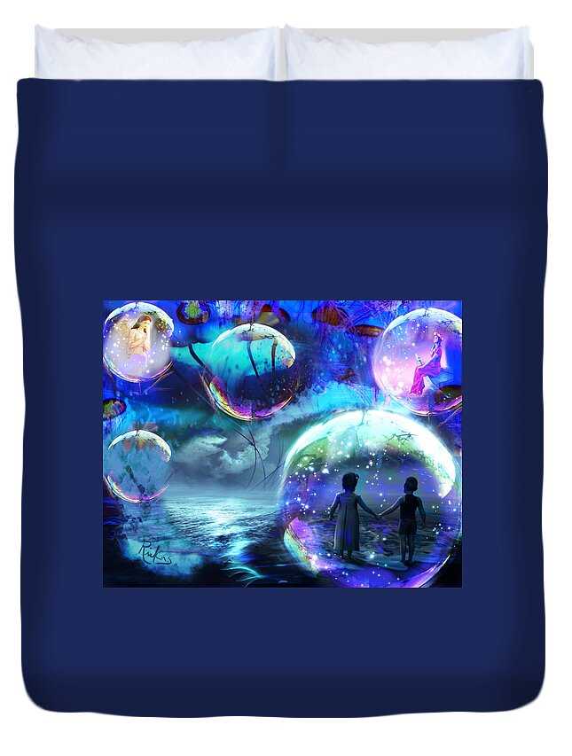 Magical Art Duvet Cover featuring the digital art Flying Jellyfish and Magic Orbs by Serenity Studio Art