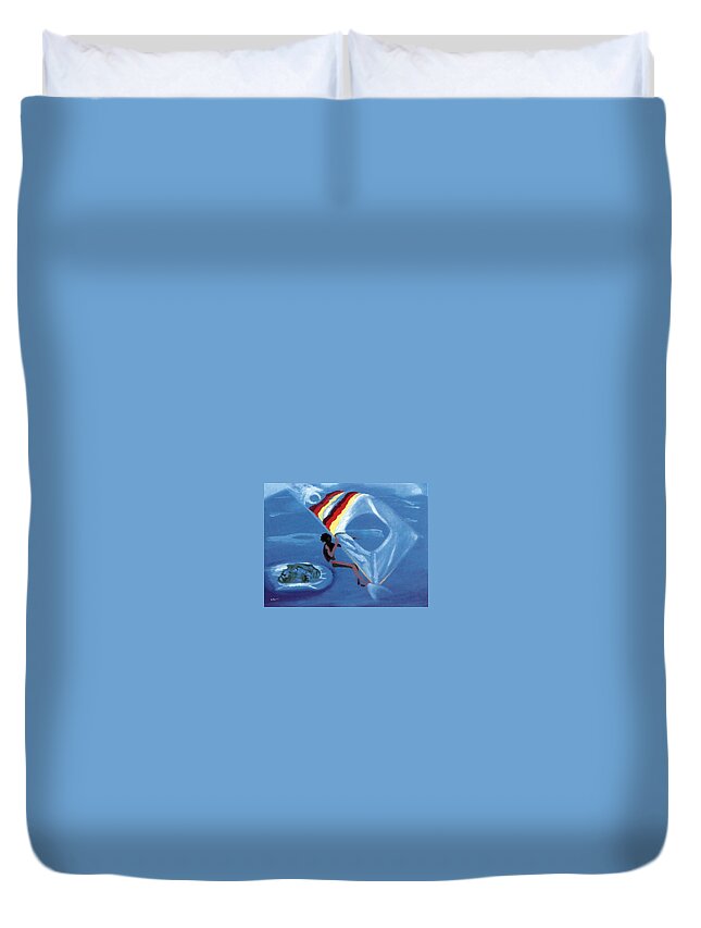 Windsurfer Duvet Cover featuring the painting Flying Windsurfer by Enrico Garff