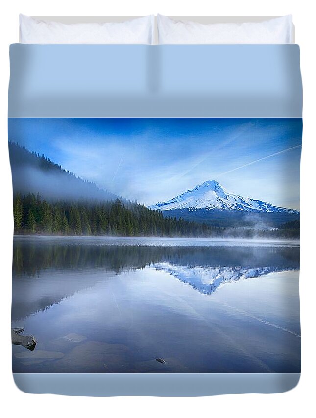 Fog And The Lake Duvet Cover featuring the photograph Fog and the lake by Lynn Hopwood