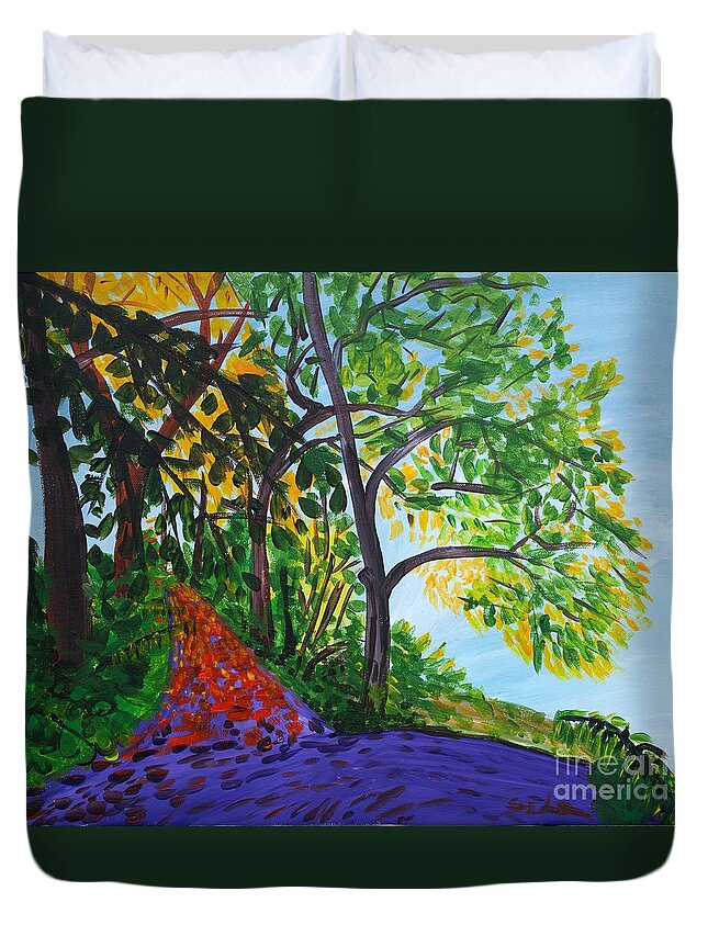 Forest Landscape Duvet Cover featuring the painting Fog In The Forest by Lidija Ivanek - SiLa