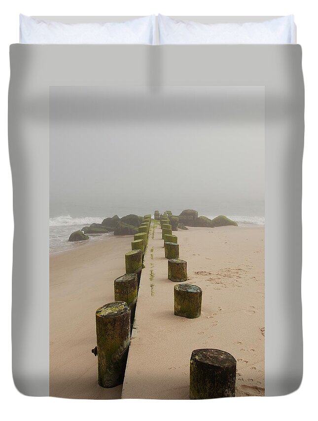 Jersey Shore Duvet Cover featuring the photograph Fog Sits On Bay Head Beach - Jersey Shore by Angie Tirado