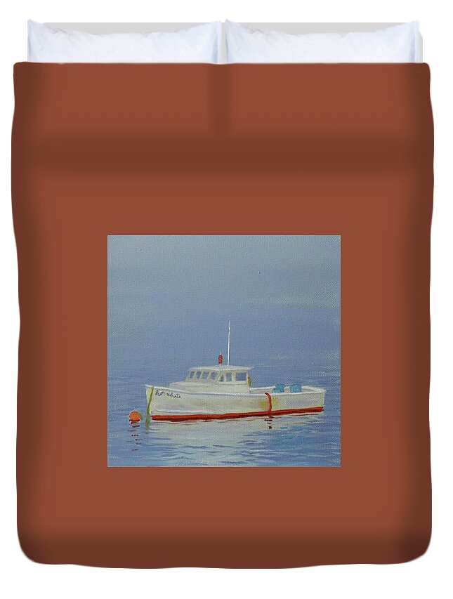 Beach Seascape Water Ocean Sea Boat Harbor Lobster Fog Artist Scott White Duvet Cover featuring the painting Fogged In by Scott W White
