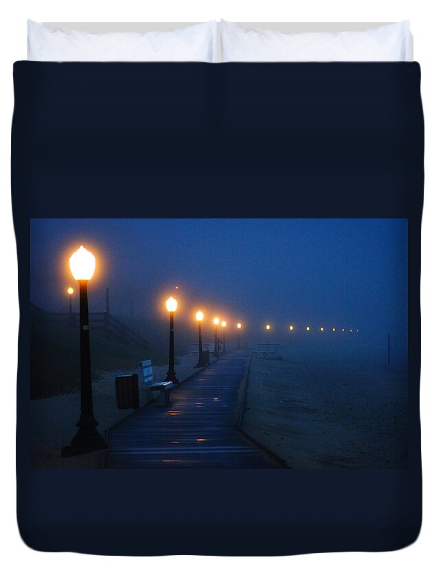 Algoma Duvet Cover featuring the photograph Foggy Boardwalk Blues by Bill Pevlor