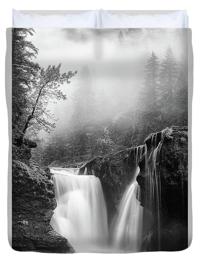 Waterfall Duvet Cover featuring the photograph Foggy Falls Monochrome by Darren White