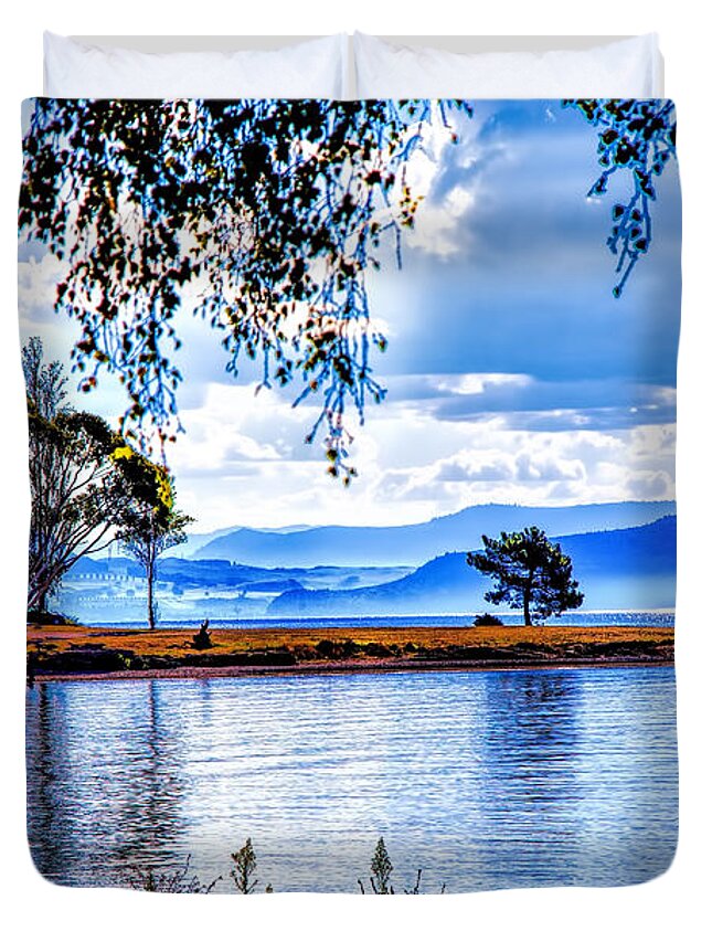 New Zealand Lakes Landscapes Duvet Cover featuring the photograph Foggy Hills and Lakes by Rick Bragan