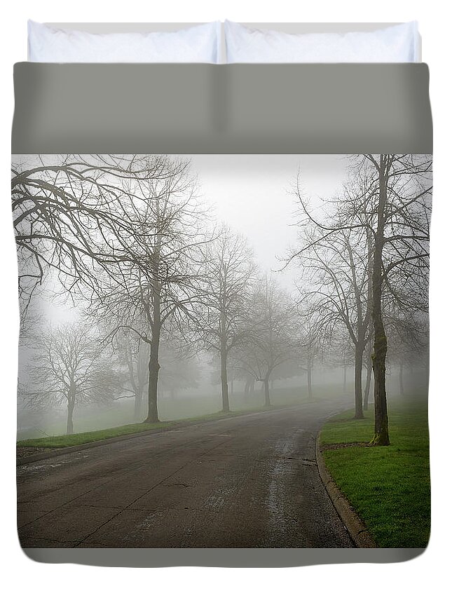 Fog Duvet Cover featuring the photograph Foggy Morning at the Park Winding Path by David Gn