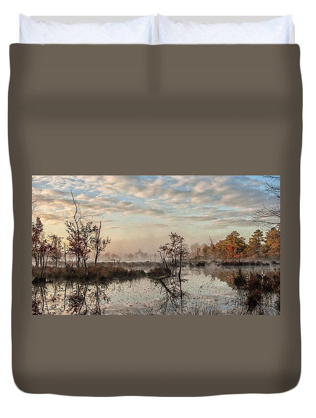 Landscape Duvet Cover featuring the photograph Foggy Morning in the Pines by Louis Dallara