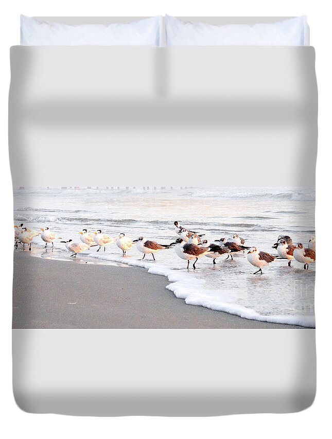 Beach Duvet Cover featuring the painting Foggy morning with Terns and Gulls by Julianne Felton