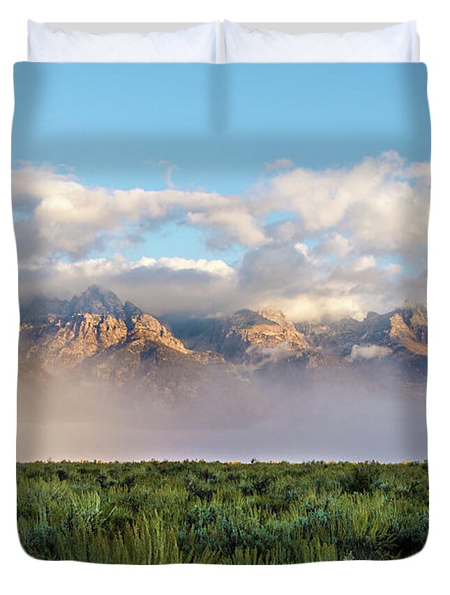The Foggy Tetons Grand Teton National Park At Sunrise Duvet Cover featuring the photograph Foggy Teton Sunrise - Grand Tetons National Park Wyoming by Brian Harig