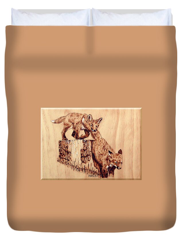Fox Duvet Cover featuring the pyrography Follow The Leader by Ron Haist