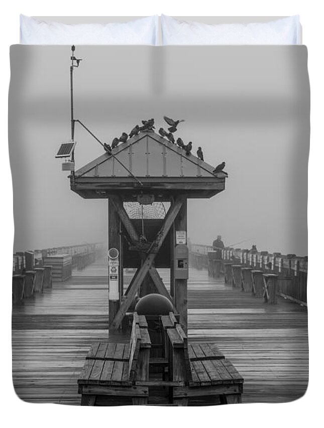 Charleston Duvet Cover featuring the photograph Folly Beach Pier Black and White by John McGraw