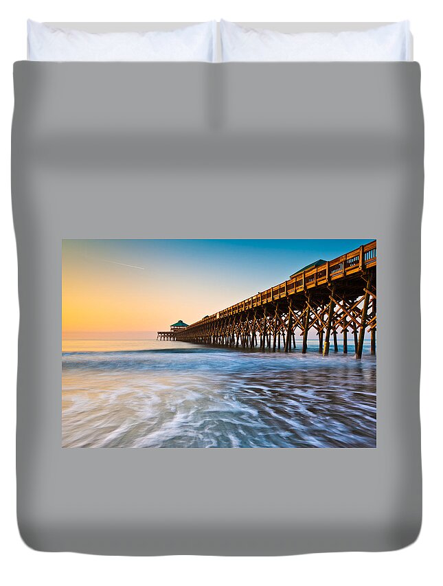 Folly Beach Duvet Cover featuring the photograph Folly Beach Pier Charleston SC Coast Atlantic Ocean Pastel Sunrise by Dave Allen