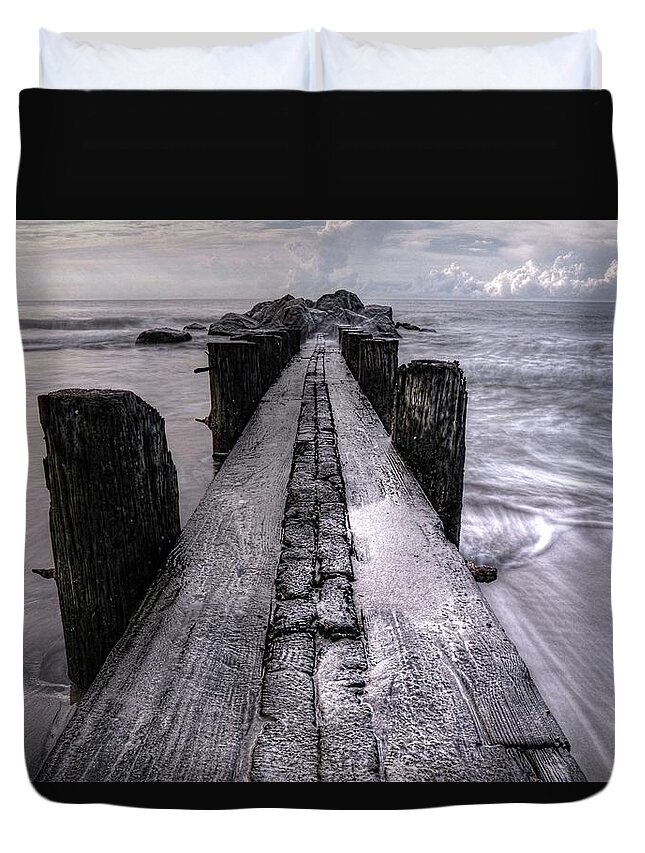 Folly Beach Pilings Duvet Cover featuring the photograph Folly Beach Pilings Charleston South Carolina by Carol Montoya