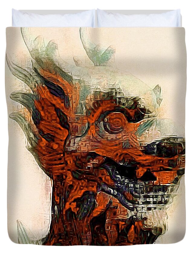 Foo Dog Duvet Cover featuring the mixed media Foo Dog by Susan Maxwell Schmidt