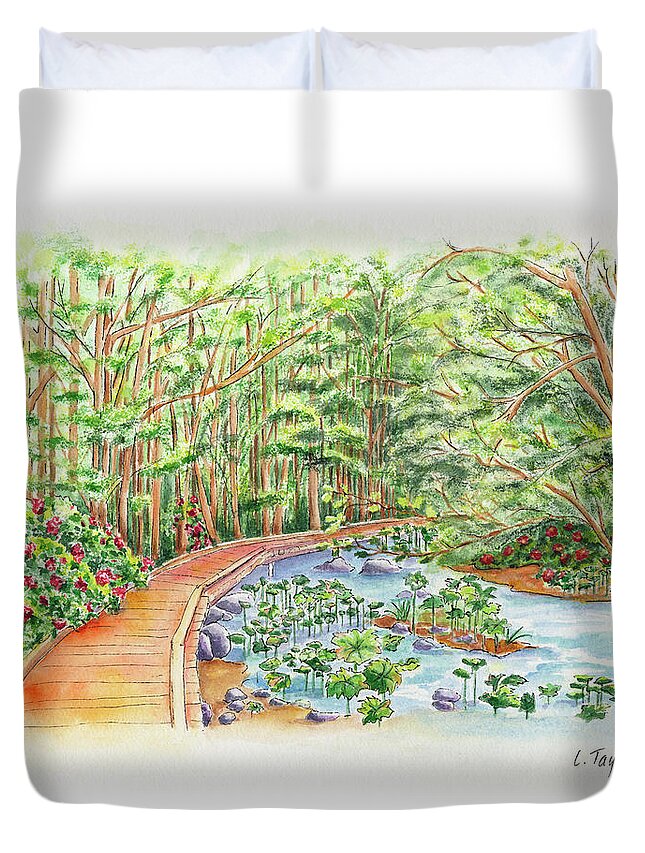 Lithia Park Duvet Cover featuring the painting Footbridge by Lori Taylor