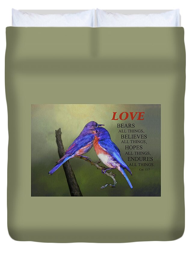 Bluebirds Duvet Cover featuring the photograph For Love Of Bluebirds And Scripture by Sandi OReilly
