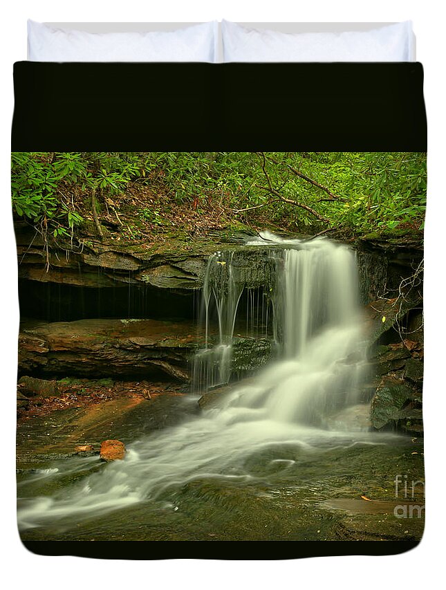 Cave Falls Duvet Cover featuring the photograph Forbes State Forest Cole Run Cave Falls by Adam Jewell