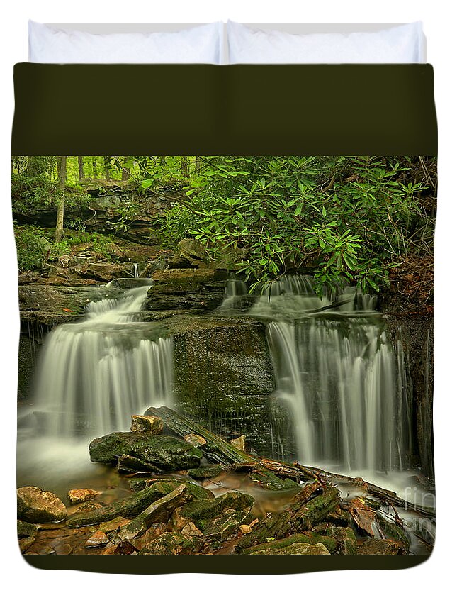 Cole Run Falls Duvet Cover featuring the photograph Forbes State Forest Twin Falls by Adam Jewell