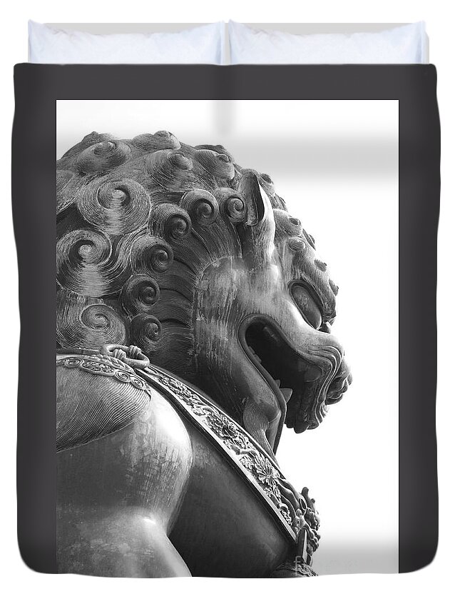 China Duvet Cover featuring the photograph Forbidden City Lion - Black and White by Carol Groenen