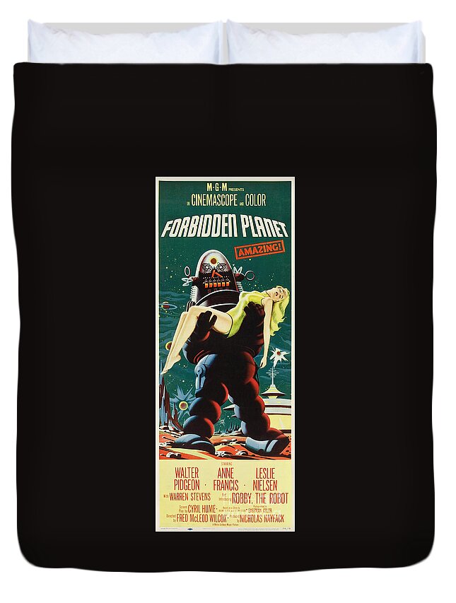Forbidden Planet Duvet Cover featuring the painting Forbidden Planet in CinemaScope retro classic movie poster portraite by Vintage Collectables