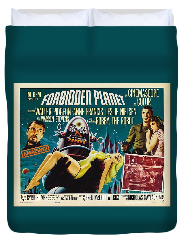 Forbidden Planet Duvet Cover featuring the painting Forbidden Planet in CinemaScope retro classic movie poster by Vintage Collectables