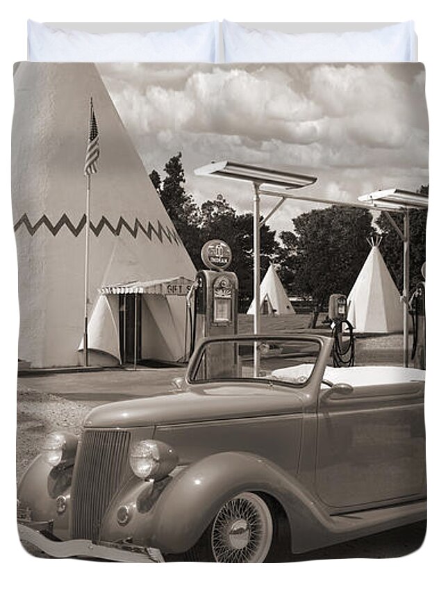 Street Rods Duvet Cover featuring the photograph Ford Roadster At An Indian Gas Station Sepia by Mike McGlothlen