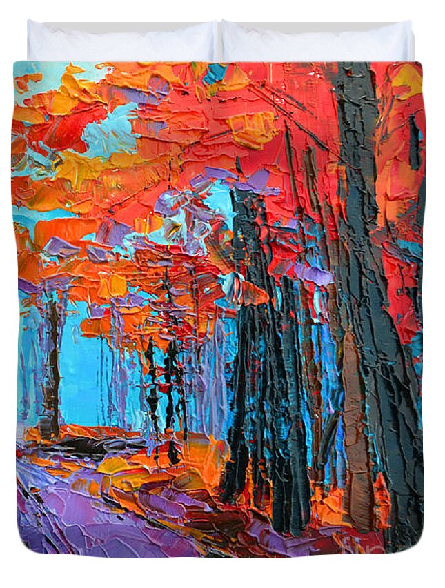 Forest In Autumn Duvet Cover featuring the painting Autumn Forest, Purple Path, Modern Impressionist, Palette Knife painting by Patricia Awapara