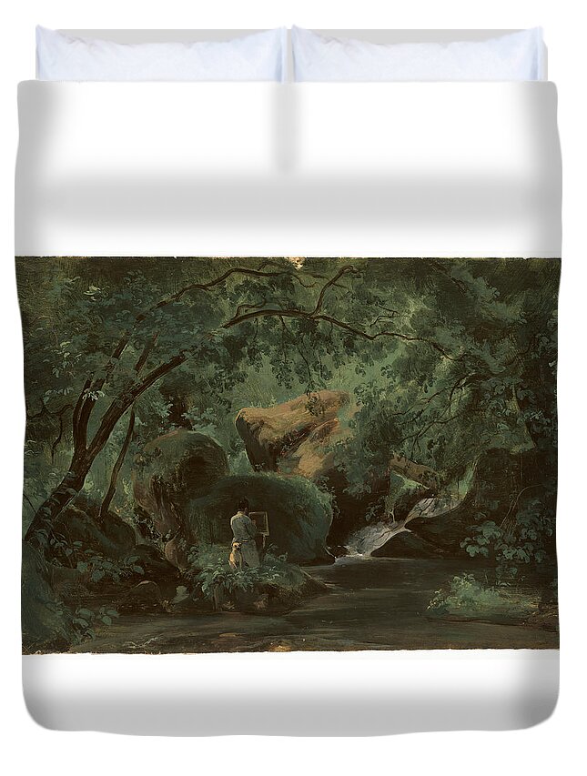 Artist Duvet Cover featuring the painting Forest Interior With A Painter by Andre Giroux