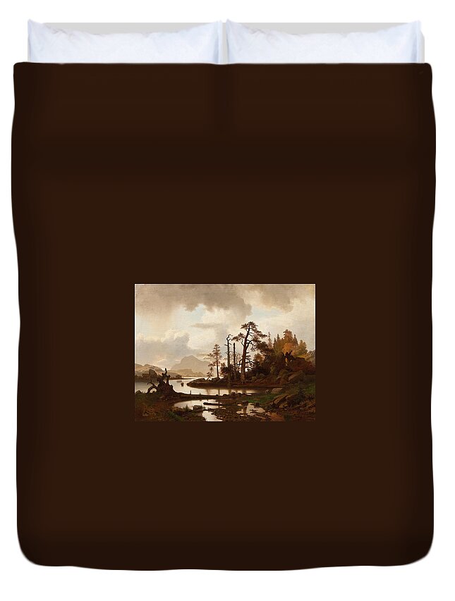 Erik Bodom Duvet Cover featuring the painting Forest landscape with lake by Erik Bodom