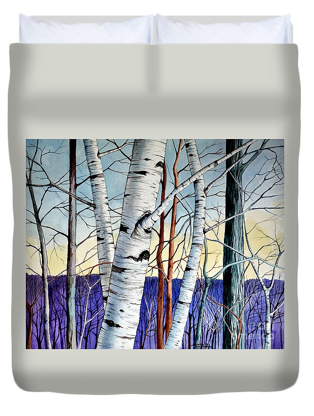 Birch Duvet Cover featuring the painting Forest of trees by Christopher Shellhammer