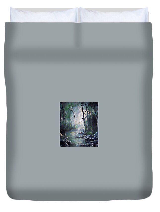 Landscapes Duvet Cover featuring the painting Forest stream digital by Megan Walsh