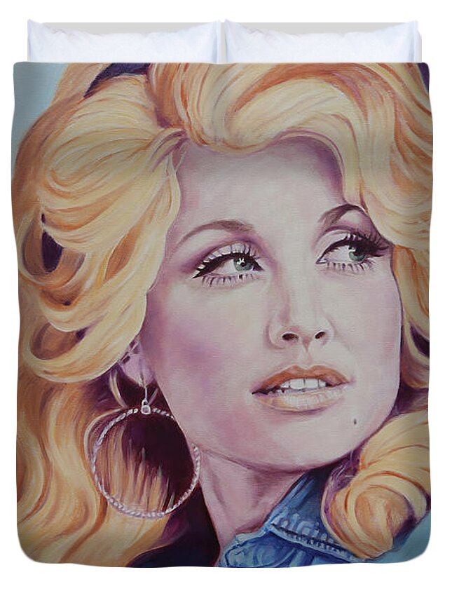 Dolly Parton Duvet Cover featuring the painting Forever Young - Dolly Parton by Maria Modopoulos