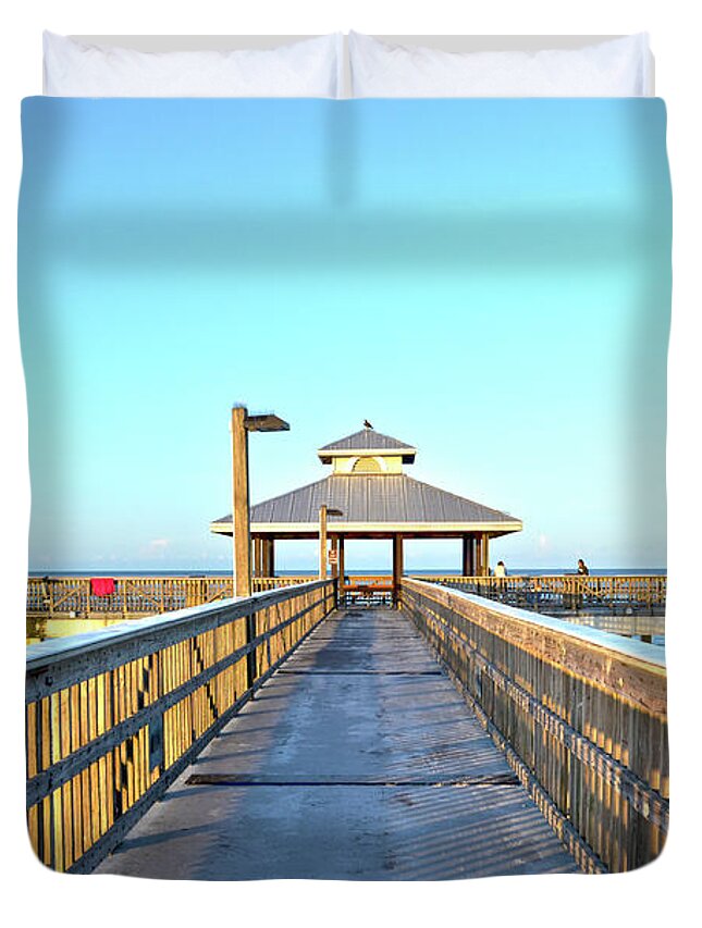 Fort Myers Beach Florida Duvet Cover featuring the photograph Fort Myers Beach Florida Fishing Pier by Timothy Lowry