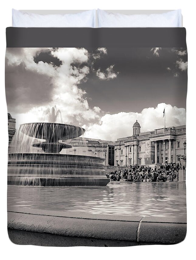 City Duvet Cover featuring the photograph Fountain BW by Mariusz Talarek