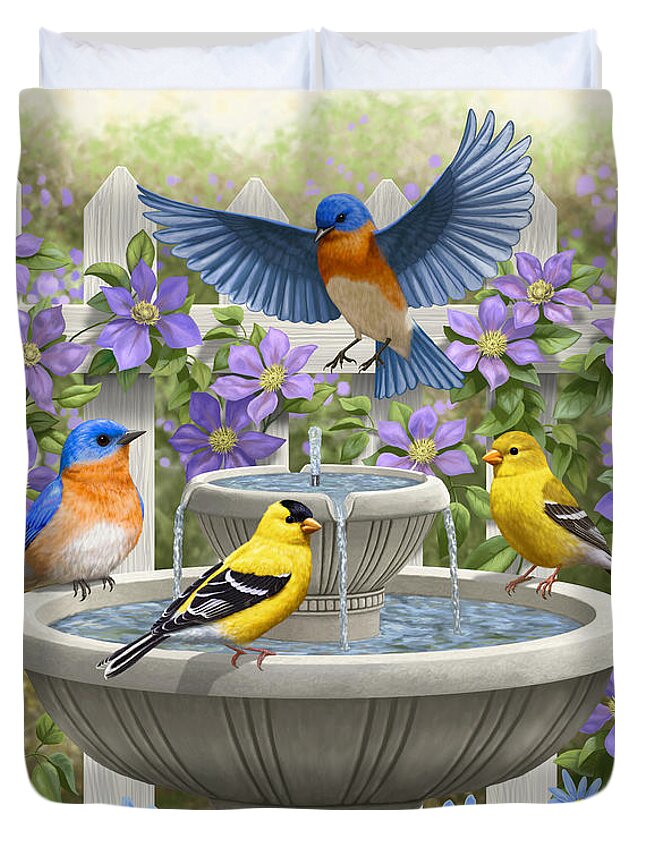 Eastern Bluebird Duvet Cover featuring the painting Fountain Festivities - Birds and Birdbath Painting by Crista Forest