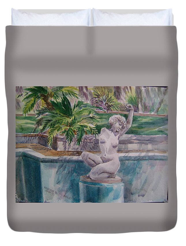 Landscape Duvet Cover featuring the painting Fountain Figure at Reynolds Mansion by Martha Tisdale
