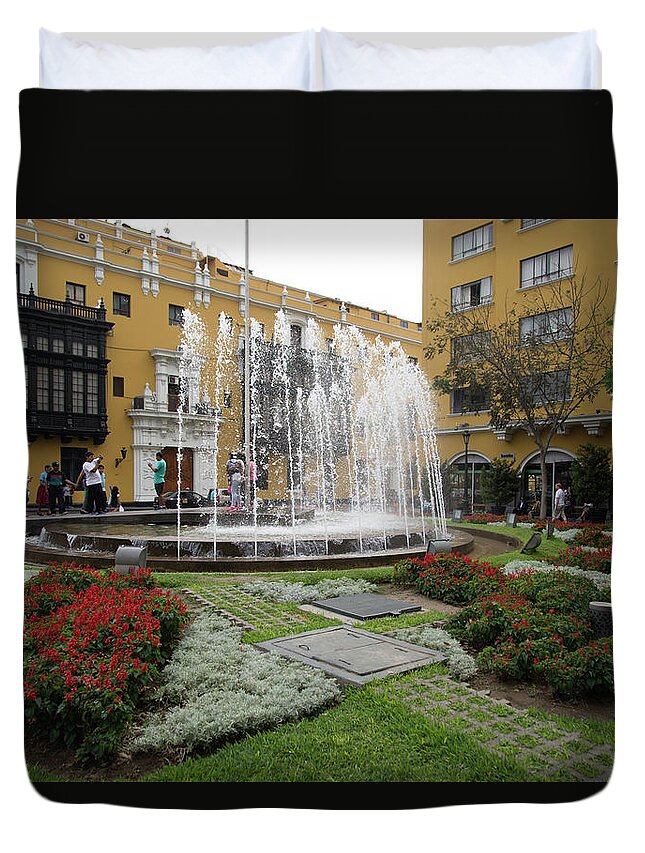 Architecture Duvet Cover featuring the digital art Fountain in Central Lima by Carol Ailles