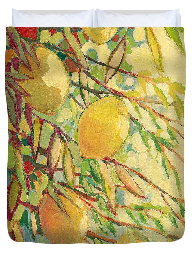 Lemon Duvet Cover featuring the painting Four Lemons by Jennifer Lommers
