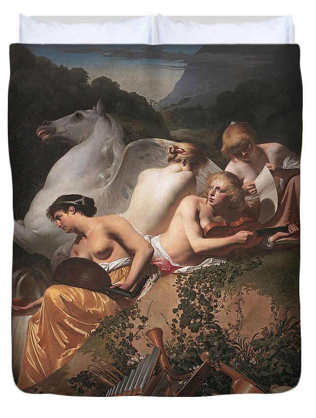 Caesar Van Everdingen Duvet Cover featuring the painting Four Muses and Pegasus by Caesar van Everdingen