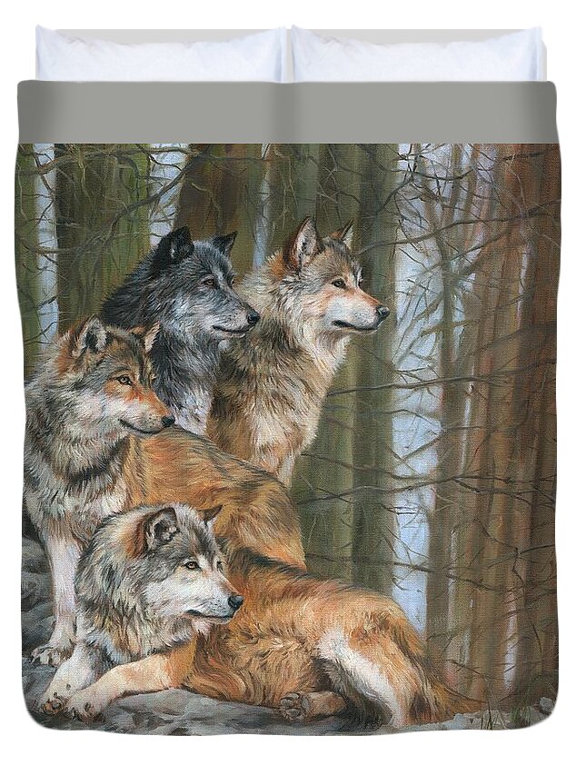 Wolf Duvet Cover featuring the painting Four Wolves by David Stribbling