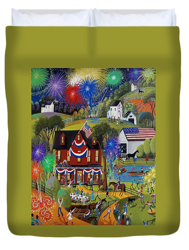 Farm Duvet Cover featuring the painting Fourth Of July - Fireworks on the farm by Debbie Criswell
