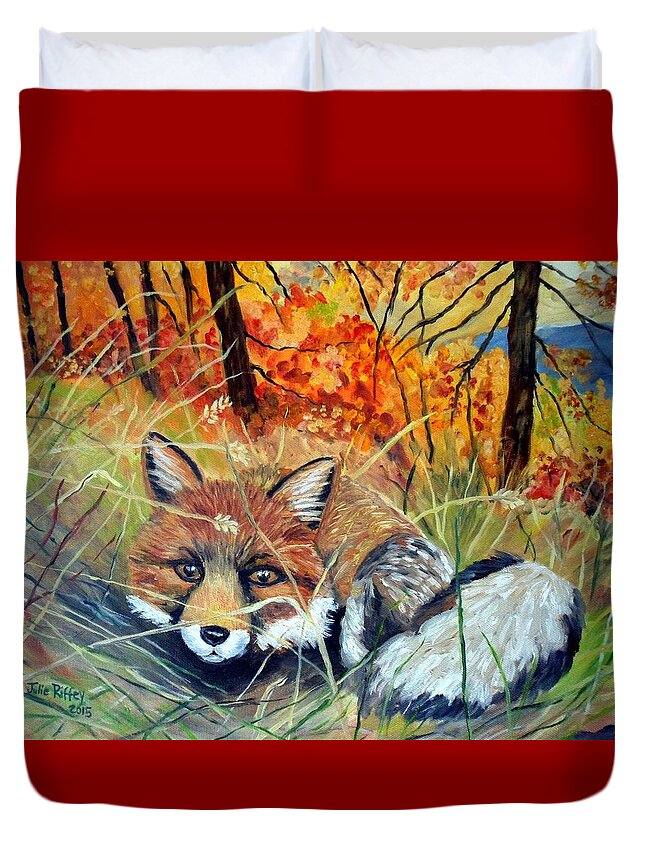 Fox Duvet Cover featuring the painting Fox-  Fox In Hiding by Julie Brugh Riffey