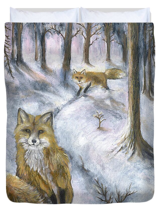 Fox Duvet Cover featuring the painting Foxes in snow by Ang El